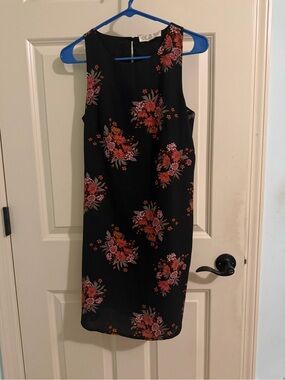 Pink Rose Black Sleeveless Mini Dress with Pink & Orange Floral Print